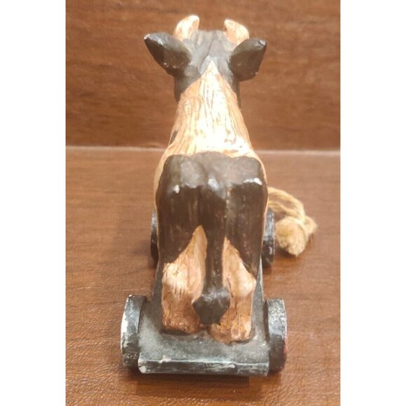 Rustic Plastic Wood-like Carved Black Spotted Cow on Pull Cart Farm Barn Decor - Picture 2 of 11